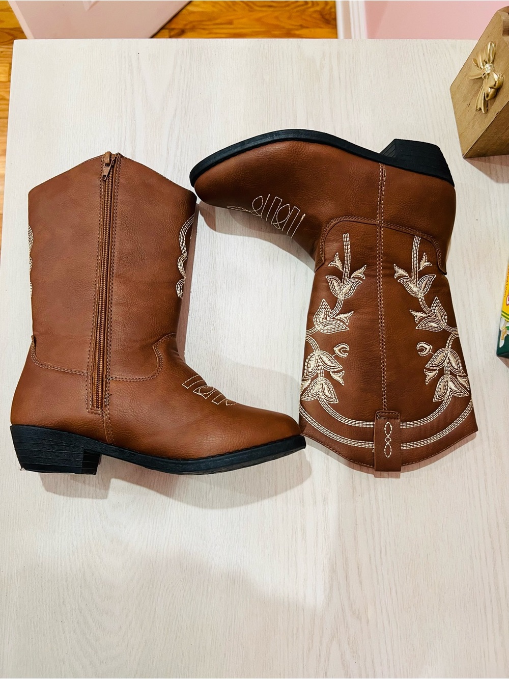 Girls' Brown Embroidered Western Pull-On Boots